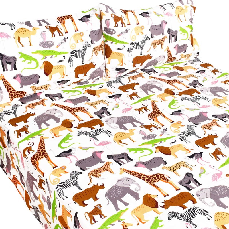 J-pinno Jungle Animals Leopard Zebra Elephant Snake Full Sheet Set Kids Boys Bedroom Decoration Gift, 100% Cotton, Flat Sheet + Fitted Sheet + Pillowcillowcase Bedding Set (15, Full) - Image 2